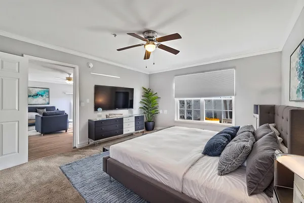 a bedroom with a bed and a flat screen tv