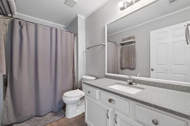 a bathroom with a double vanity sink toilet mirror and shower