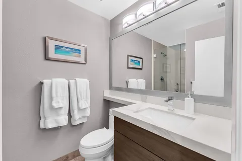 a bathroom with a sink toilet and mirror