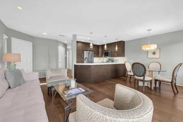 a living room with furniture a kitchen view and a potted plant