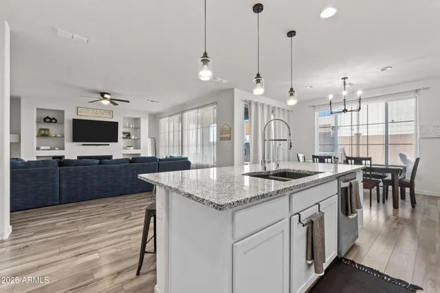 a kitchen with sink cabinets and potted plant