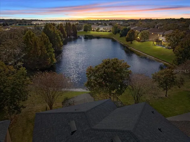 a view of a lake in middle of the town