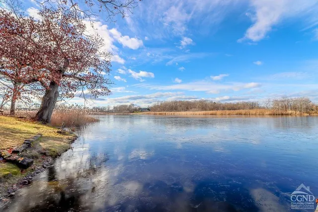 a view of a lake with houses in the back