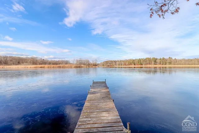 a view of a lake with houses