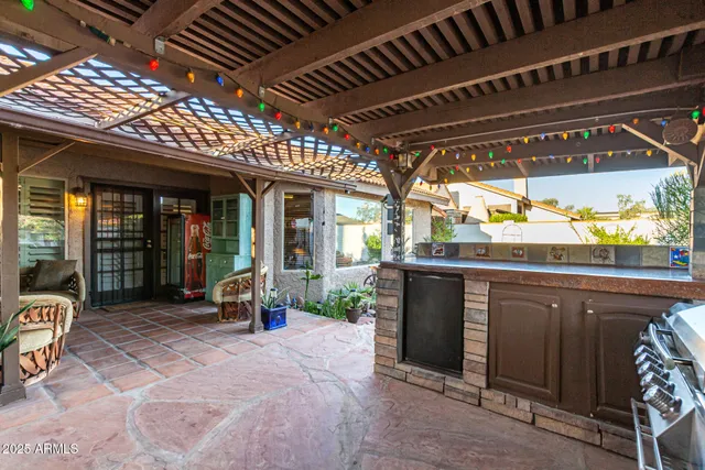 a view of a porch with seating space