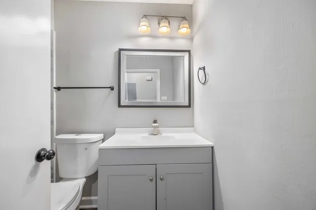 a bathroom with a toilet a sink and mirror