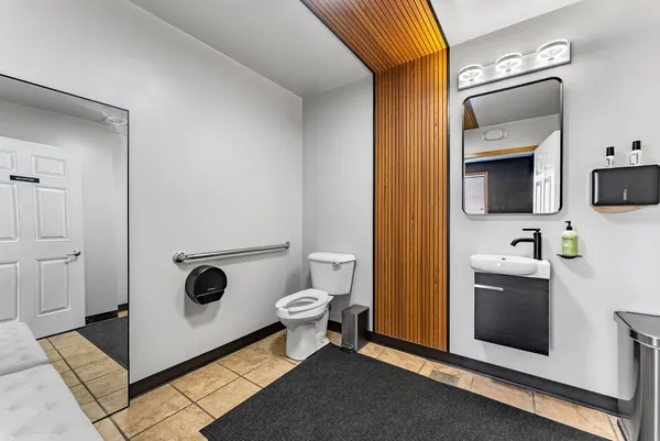a bathroom with a toilet a sink and mirror