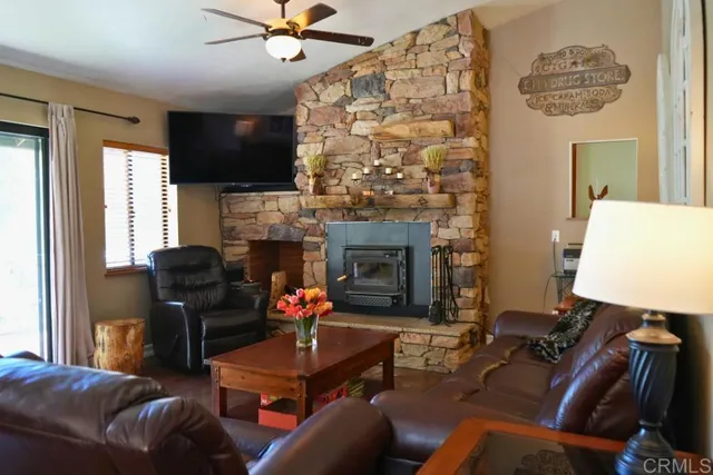 a living room with furniture a flat screen tv and a fireplace