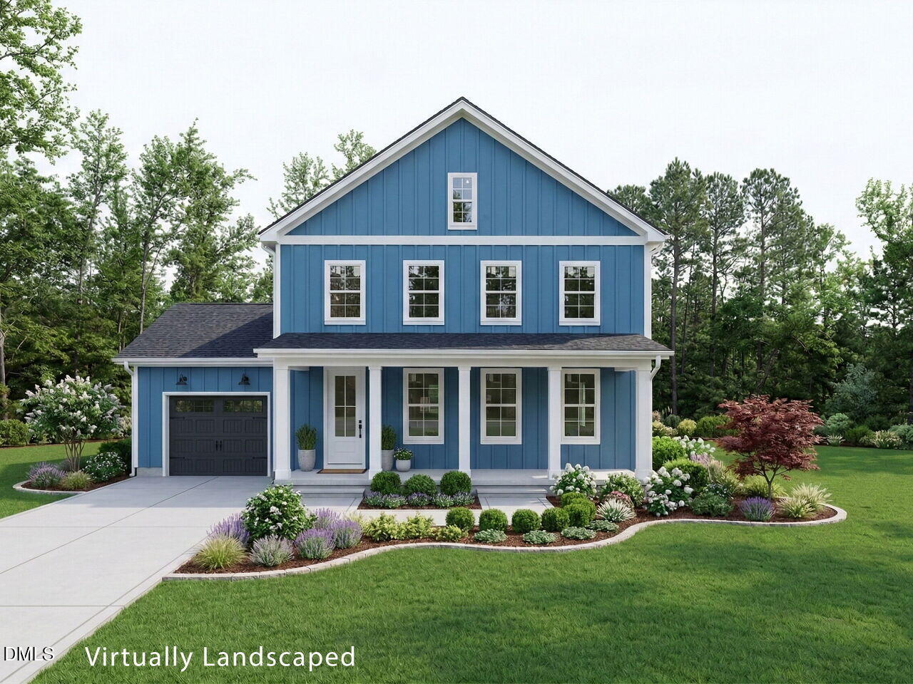 a front view of a house with a yard and potted plants