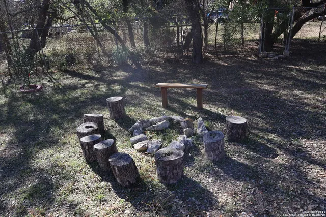 a view of a backyard with fountain plants and trees