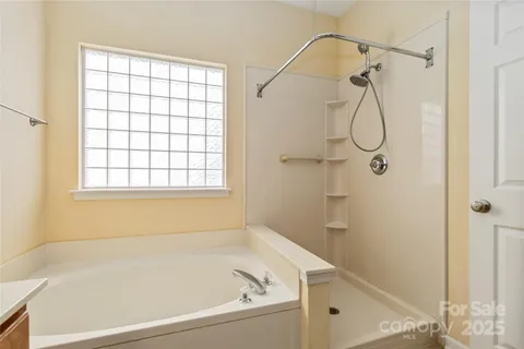 a bathroom with a bath tub with a shower