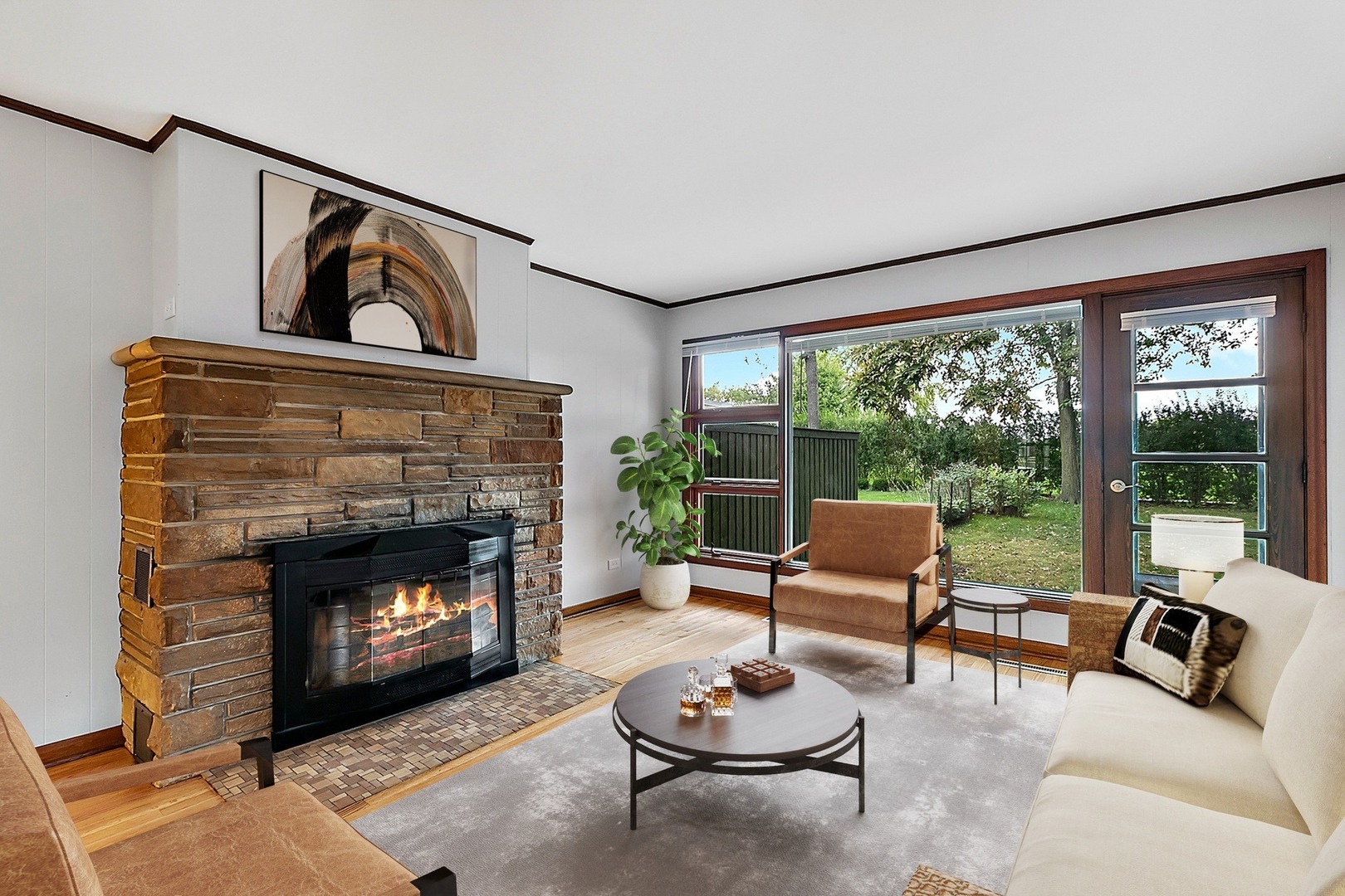 8132 West 26th Street North Riverside, IL 60546 - Photo 2 of 16 a living room with furniture a fireplace and a floor to ceiling window