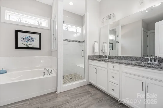 a bathroom with a bathtub and a shower