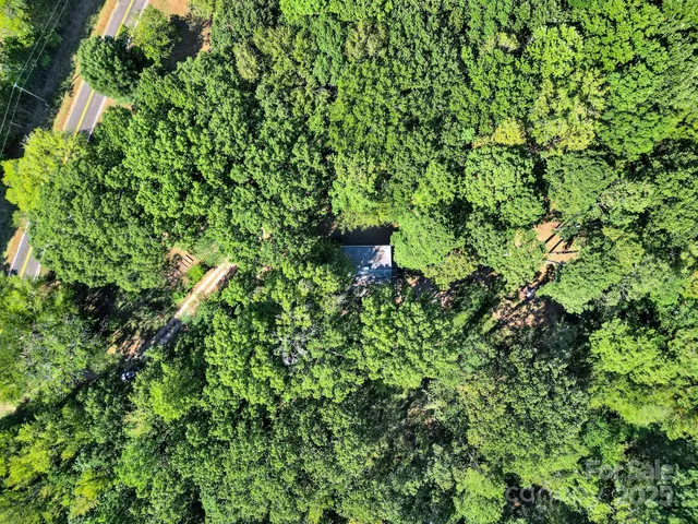an aerial view of residential houses with outdoor space and trees