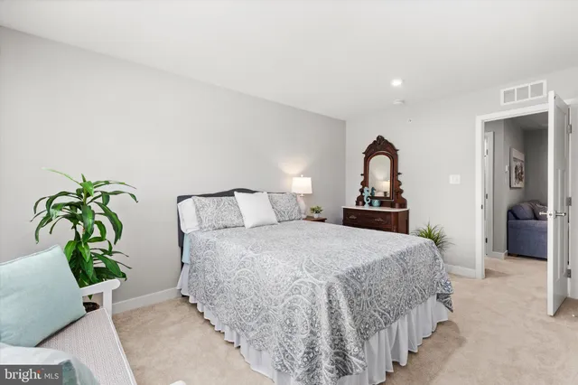a living room with a couch and a potted plant