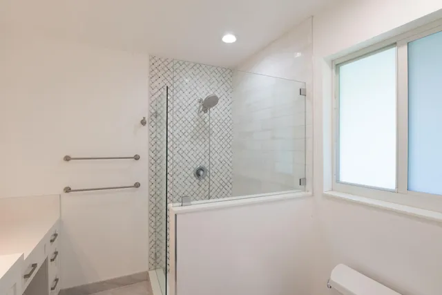 a bathroom with a shower and a toilet