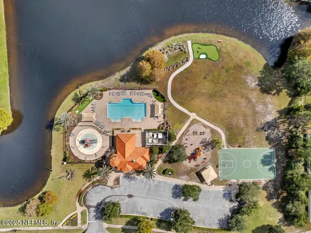 an aerial view of a swimming pool