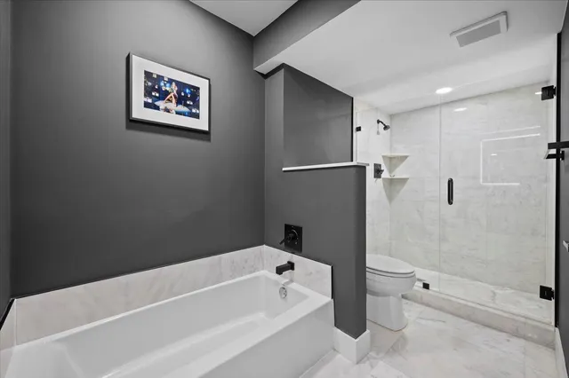 a bathroom with a bathtub and a shower