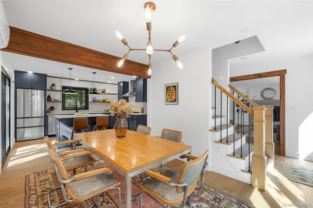 a view of a dining room with furniture