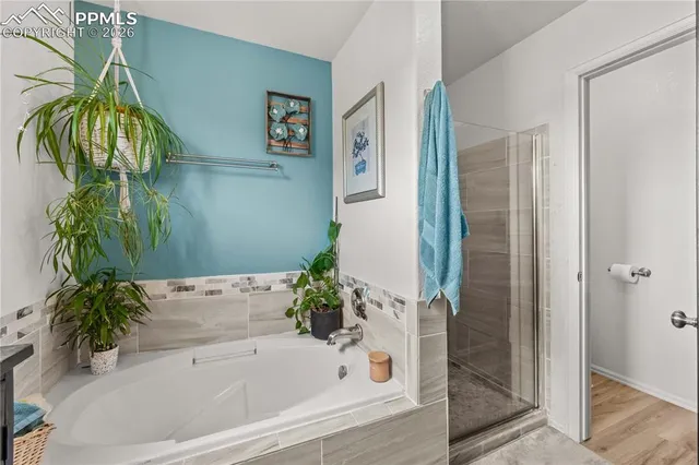 a bathroom with a bathtub and a shower