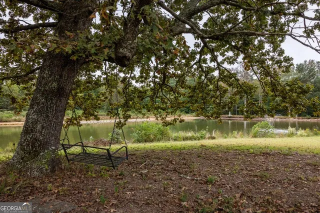 a view of a field with an trees in the background
