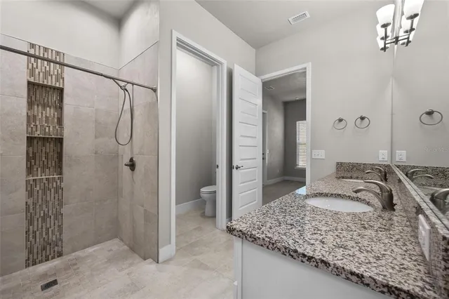 a bathroom with a granite countertop sink and shower