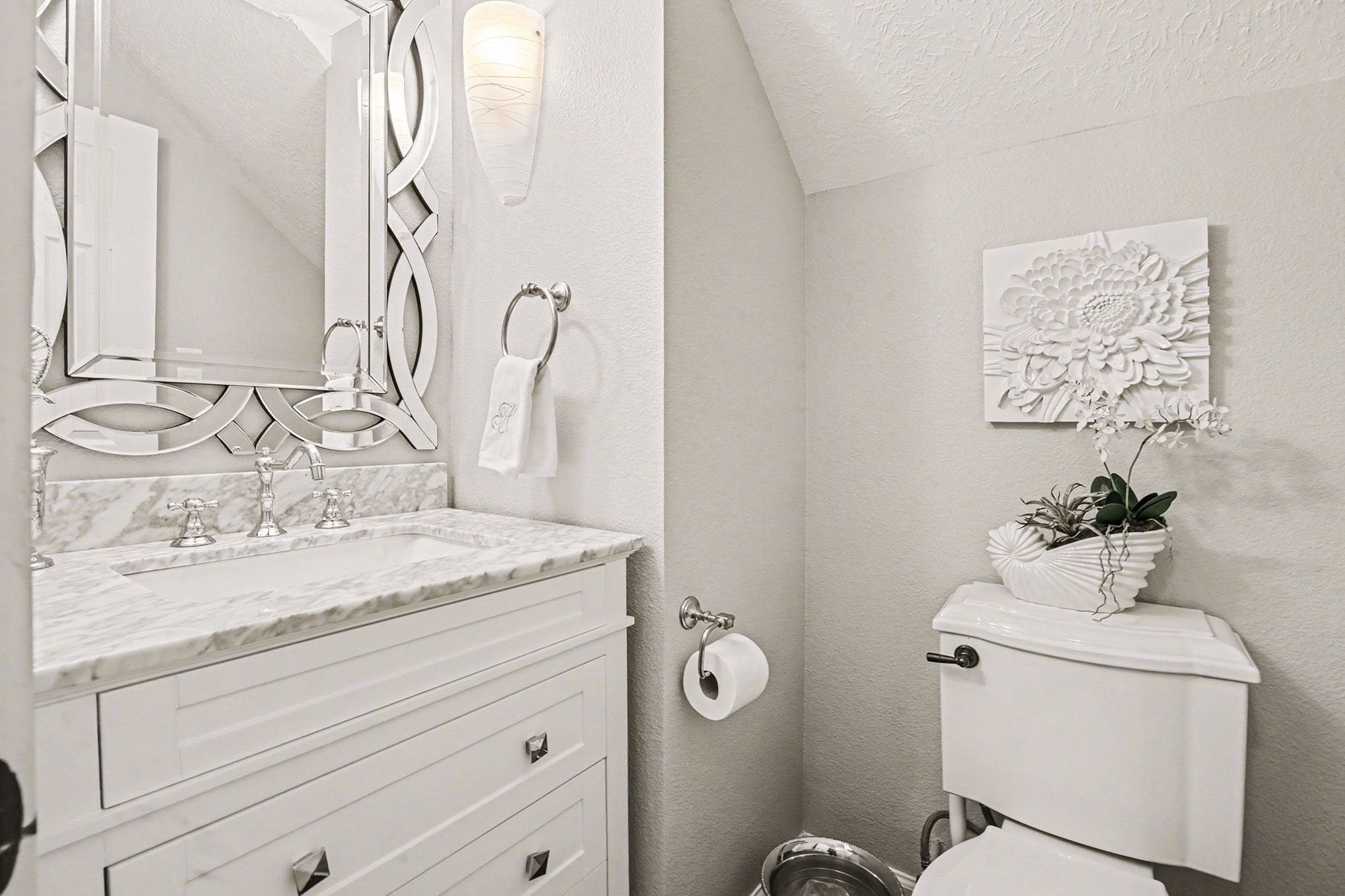 3409 Winter Lane Baytown, TX 77521 - Photo 33 of 44 a bathroom with a granite countertop sink a toilet and a mirror