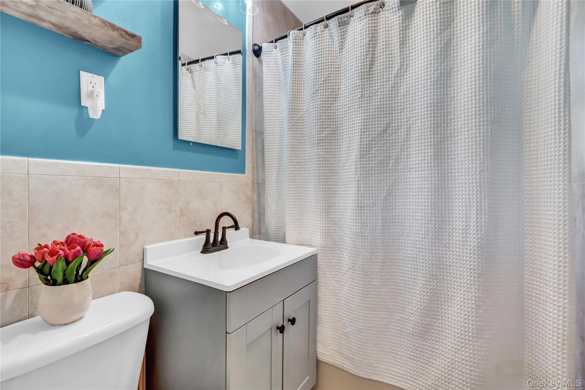 251-21 71st Road, Unit 44A Queens, NY 11426 - Photo 12 of 25 a bathroom with a sink a mirror and a shower curtain