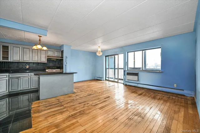 a view of kitchen with wooden floor and electronic appliances