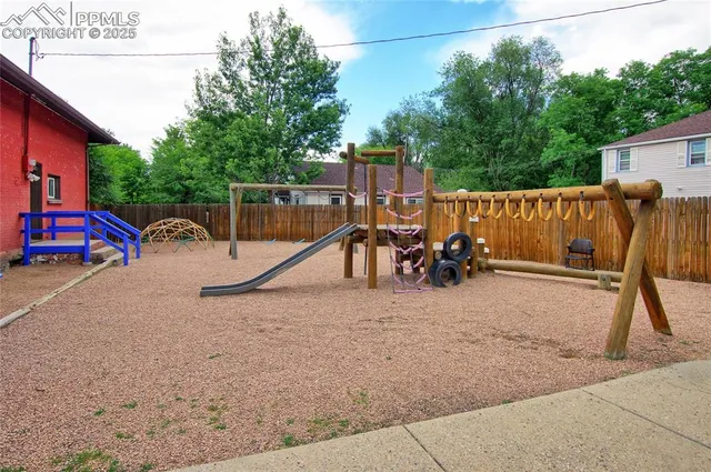 a view of a park with slide
