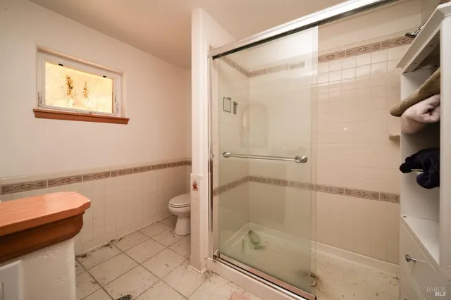a bathroom with a shower and a toilet