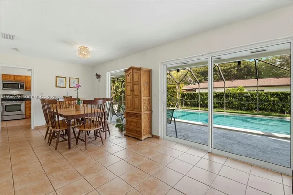 a view of a dining room with furniture window and outside view