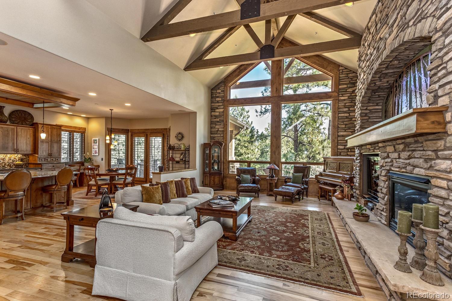646 Ruby Trust Drive Castle Rock, CO 80108 - Photo 3 of 35 a living room with furniture a fireplace and floor to ceiling windows