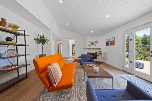 a living room with furniture a dining table and a potted plant