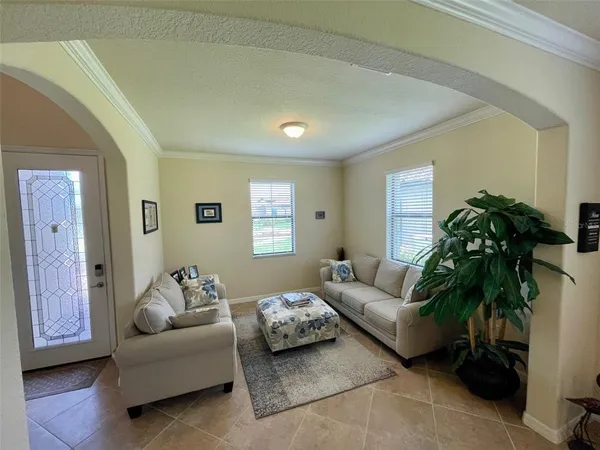 a living room with furniture and a potted plant