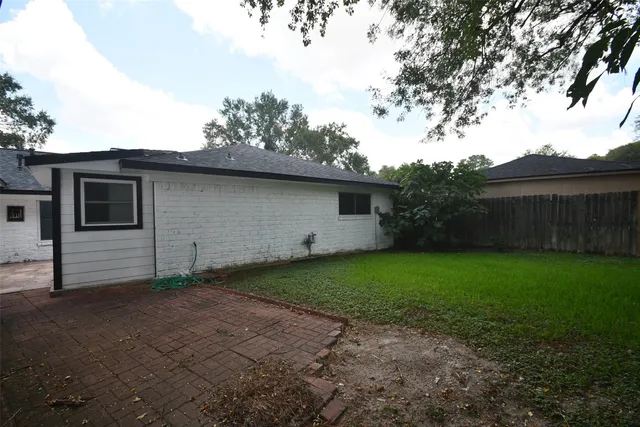 a view of a backyard with plants and large tree