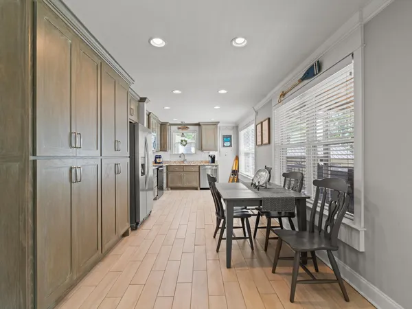 a view of a dining room with furniture