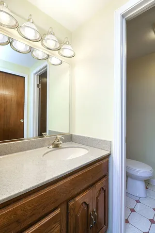 a bathroom with a sink a toilet and a mirror