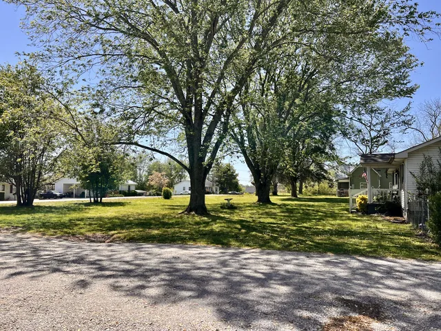 a yellow house with trees in front of it