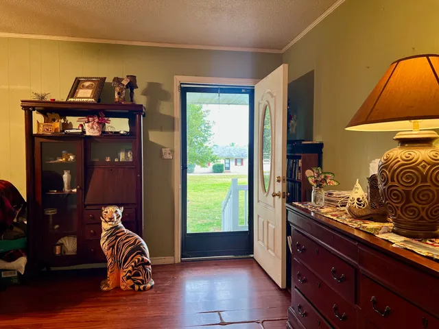 a view of a dining room with furniture