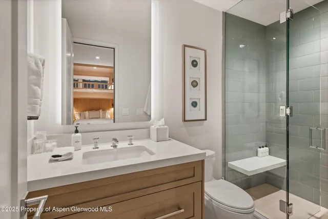 a bathroom with a sink toilet vanity and shower