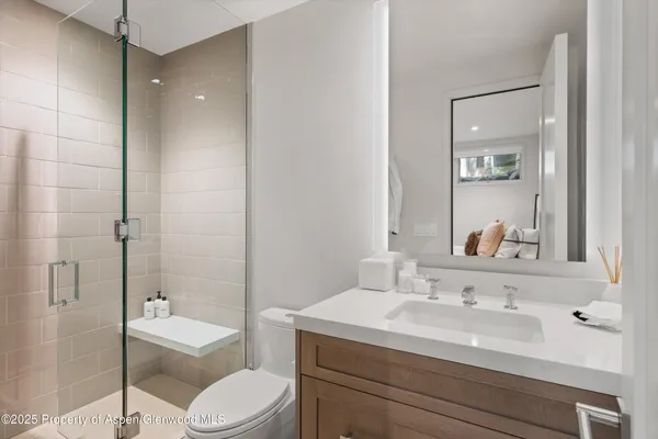 a bathroom with a sink toilet vanity and shower