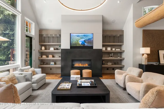 a living room with furniture and a fireplace