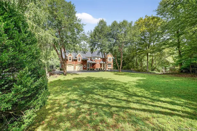 a view of a park with large trees