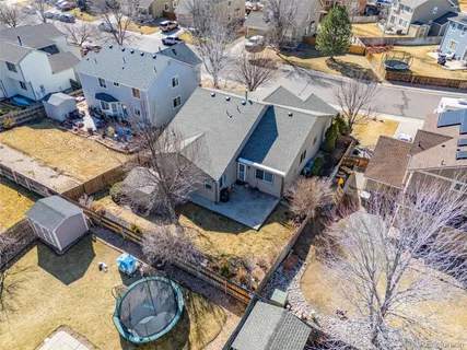 an aerial view of a house with garden