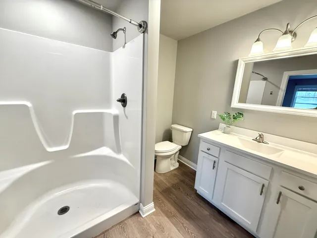 a bathroom with a sink a toilet and a mirror