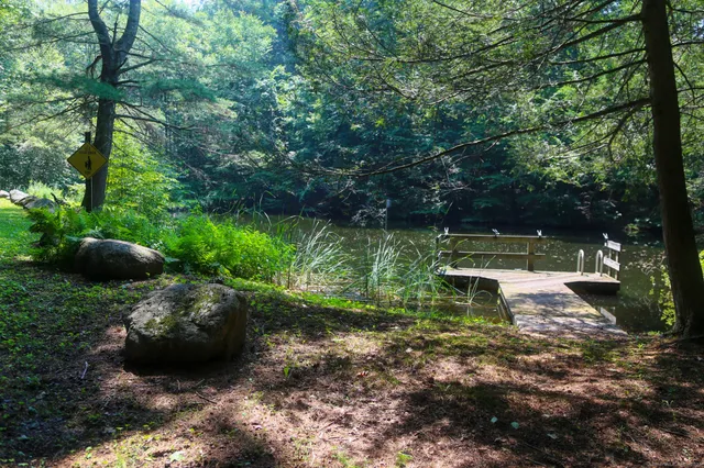 a view of a lake with a house in the background