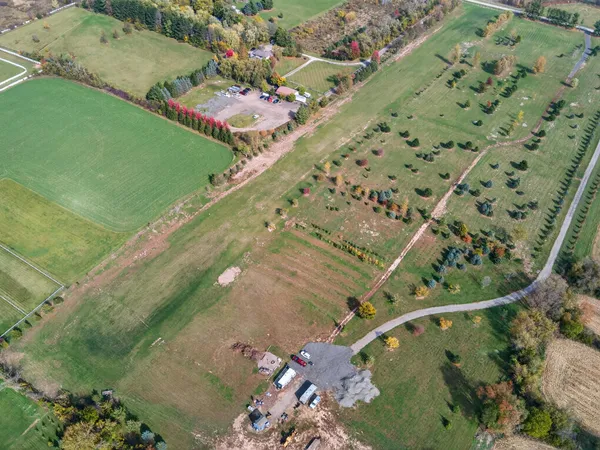 an aerial view of a pool