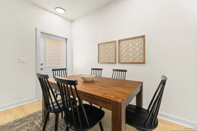 a view of a dining room with furniture