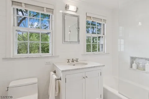 a bathroom with a sink a toilet a window and a shower
